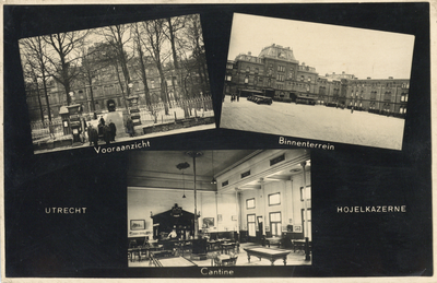 123347 Collage van 3 gezichten, op het vooraanzicht, het binnenterrein en de cantine, van de Kazerne der ...